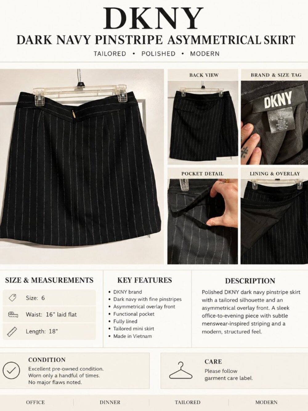 DKNY Dark Navy Pinstripe Asymmetrical Skirt Size 6